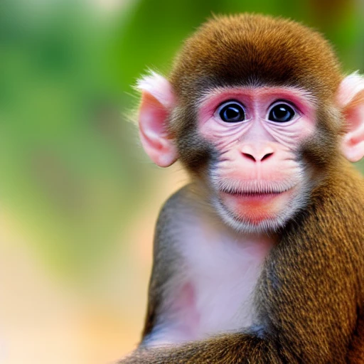 Female monkey baby with pink fur, smiling, pixar, cute, beautifull, friendly, soft, with a computer