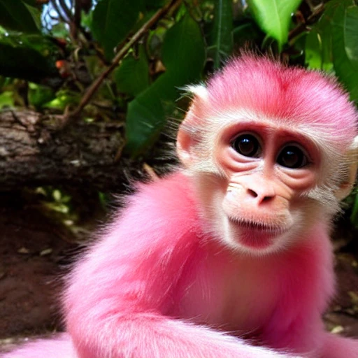 Female monkey baby with pink fur, smiling, pixar, cute, beautifull, friendly, soft, with a computer, long lashes, all pink, no brown