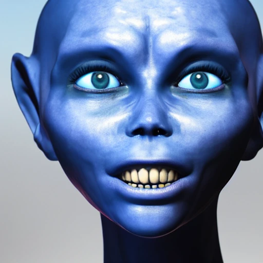 alien, blue skin, perfect breast, detailed face, shadow effect, spotlight, background blur, hyperrealistic, photografic, 8k, epic ambient light