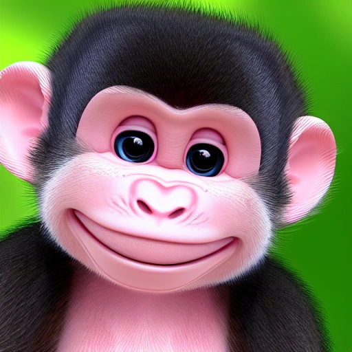 Female monkey baby with pink fur, smiling, pixar, cute, beautifull, friendly, soft, with a computer, long lashes, all pink, no brown, 3D