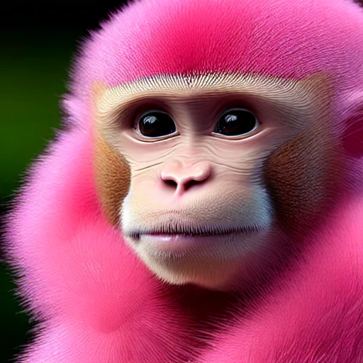 Female monkey baby with pink fur, smiling, pixar, cute, beautifull, friendly, soft, with a computer, long lashes, all pink, no brown, 3D, with teeth, pixar