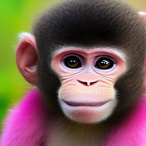 Female monkey baby with pink fur, smiling, pixar, cute, beautifull, friendly, soft, with a computer, long lashes, all pink, no brown, 3D, with teeth, pixar, full body, jumping