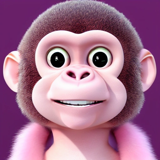 Female monkey baby with pink fur, smiling, pixar, cute, beautifull, friendly, soft, with a computer, long lashes, all pink, no brown, 3D, with teeth, pixar, full body, jumping, big feet