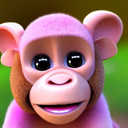 Female monkey baby with pink fur, smiling, pixar, cute, beautifull, friendly, soft, with a computer, long lashes, all pink, no brown, 3D, with teeth, pixar, full body, jumping, big feet, with computer, money
