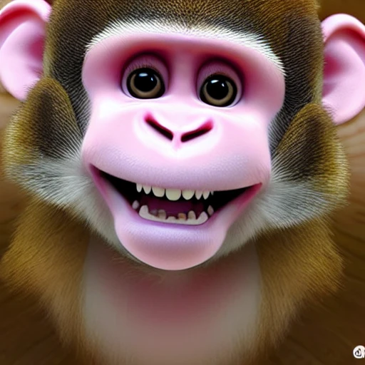 Female monkey baby with pink fur, smiling, pixar, cute, beautifull, friendly, soft, with a computer, long lashes, all pink, no brown, 3D, with teeth, pixar, full body, jumping, big feet, with computer, money, white background