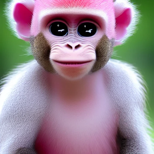 Female monkey baby with pink fur, smiling, pixar, cute, beautifull, friendly, soft, with a computer, long lashes, all pink, no brown, 3D, with teeth, pixar, full body, jumping, big feet, with computer, money, white background, full body portrait