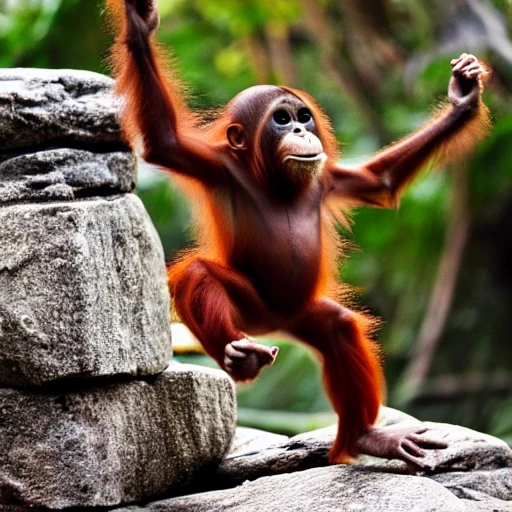 modern disney (baby orangutan) jumping on rocks