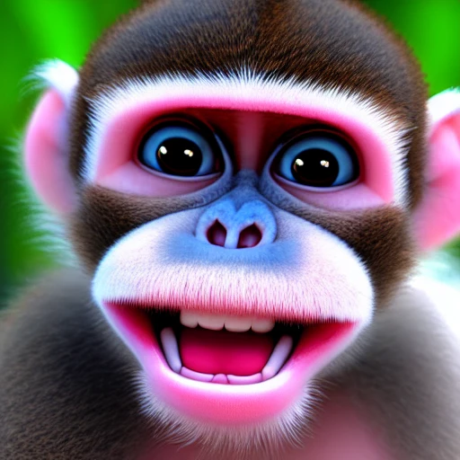 Female monkey baby with pink fur, smiling, pixar, cute, beautifull, friendly, soft, with a computer, long lashes, all pink, no brown, 3D, with teeth, pixar, full body, jumping, big feet, with computer, money, white background, full body portrait, disney