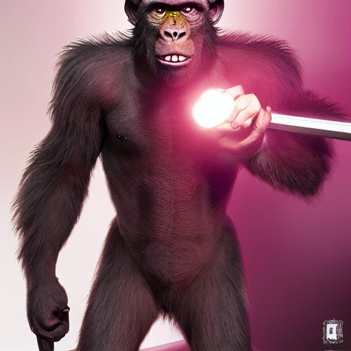 mdjrny-v4 style, pink monkey; the perfect mix of king kong and chita as a warrior; highly detailed tan skin; beautiful long hair, extremely detailed eyes; low-cut black leather top; wielding a trophy; Flames in the background; Lumen Global Illumination, Lord of the Rings, Game of Thrones, Hyper Realistic, Hyper Detailed, 8k,