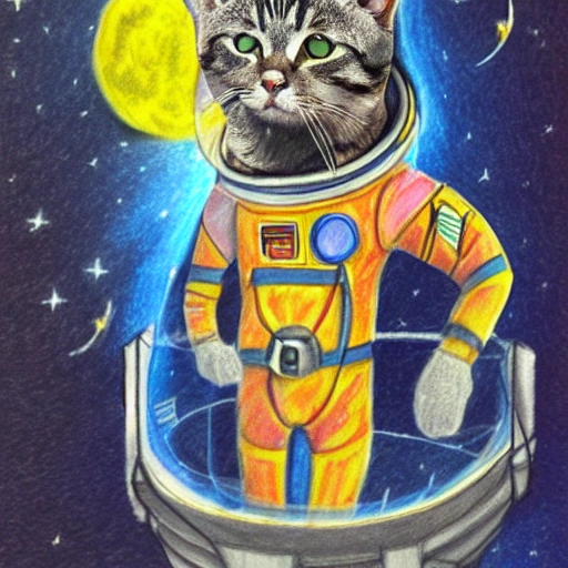 cat astronaut, Trippy, Pencil Sketch, 3D, Water Color