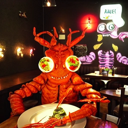 Date with a monster, fancy restaurant, hip Cafe, Butter paneer, goosebumps, monster, sexy, Lobster man on a date, on a date eating Indian food, dim lighting, led colorful, string lights, fish monster, zombie, vampire, lobster man,   skull