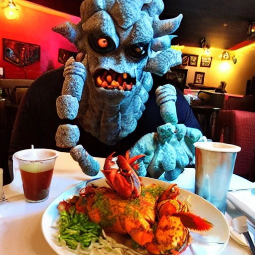 Date with a monster, fancy restaurant, hip Cafe, Butter paneer, goosebumps, monster, sexy, Lobster man on a date, on a date eating Indian food, dim lighting, led colorful, string lights, fish monster, zombie, vampire, lobster man,   skull