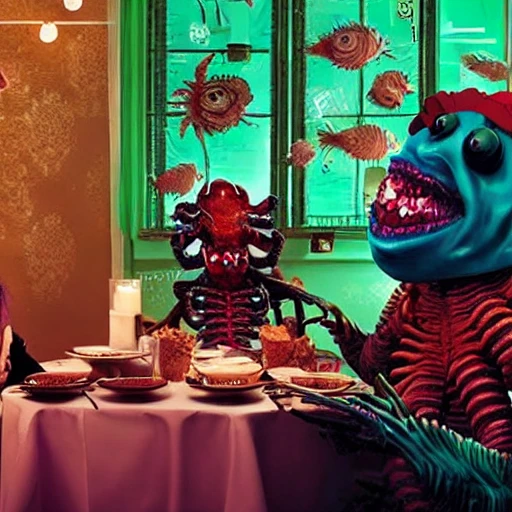 Date with a monster, fancy restaurant, hip Cafe, Butter paneer, goosebumps, monster, sexy, Lobster man on a date, on a date eating Indian food, dim lighting, led colorful, string lights, fish monster, zombie, vampire, lobster man,   skull, bioluminescent