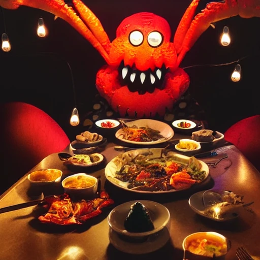 Date with a monster, fancy restaurant, hip Cafe, Butter paneer, goosebumps, monster, sexy, Lobster man on a date, on a date eating Indian food, dim lighting, led colorful, string lights, fish monster, zombie, vampire, lobster man,   skull, bioluminescent, glowing