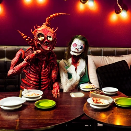 Date with a monster, fancy restaurant, hip Cafe, Butter paneer, goosebumps, monster, sexy, Lobster man on a date, on a date eating Indian food, dim lighting, led colorful, string lights, fish monster, zombie, vampire, lobster man,   skull, bioluminescent, glowing