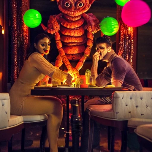 Date with a monster, fancy restaurant, hip Cafe, Butter paneer, goosebumps, monster, sexy, Lobster man on a date, on a date eating Indian food, dim lighting, led colorful, string lights, fish monster, zombie, vampire, lobster man