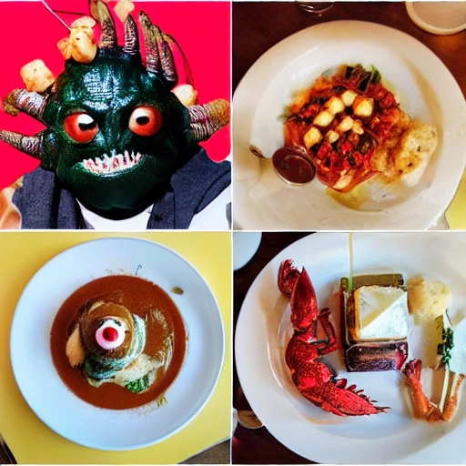 Date with a monster, fancy restaurant, hip Cafe, Butter paneer, goosebumps, monster, sexy, Lobster man on a date, on a date eating Indian food, dim lighting, led colorful, string lights, fish monster, vampire, lobster man