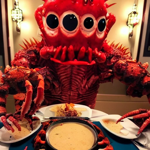 Date with a monster, fancy restaurant, hip Cafe, Butter paneer, goosebumps, monster, sexy, Lobster man on a date, on a date eating Indian food, dim lighting, led colorful, string lights, fish monster, zombie, sexy vampire, lobster man, sexy lobsterman