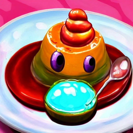 Hyperealistic videogame flan dessert glistening. Giant Anthropomorphic blob monster eating flan, turqouise jelly creature eating flan dessert, kawaii