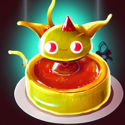 Hyperealistic videogame flan dessert glistening. Giant Anthropomorphic blob monster eating flan, turqouise jelly creature eating flan dessert