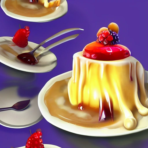 Hyperealistic videogame flan dessert glistening. Giant Anthropomorphic flan, blob monster eating flan, turqouise jelly creature eating flan dessert