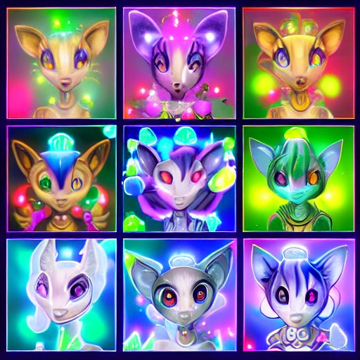 Hyperealistic videogame goddess, Furry, clown neopet GODDESS, elf, airbrush illustration, ethereal, stars and half moons, colorful led lights, neons and pastels, gemstones