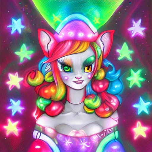 Hyperealistic videogame goddess, Furry, clown neopet GODDESS, elf goddess, airbrush illustration, ethereal, stars and half moons, colorful led lights, neons and pastels, gemstones