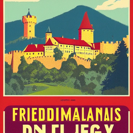 Vintage Travel Poster, (Friedberg Bavaria) landscape, the castle in the background in the style of Atey Ghailan and Joelle Jones, --ar 2:3