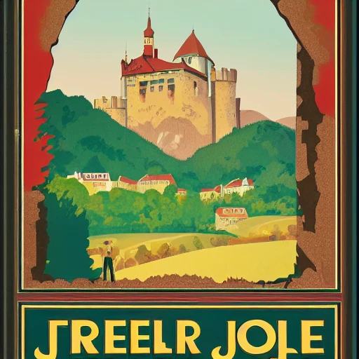 Vintage Travel Poster, (Friedberg Bavaria) landscape, the castle in the background in the style of Atey Ghailan and Joelle Jones, --ar 2:3