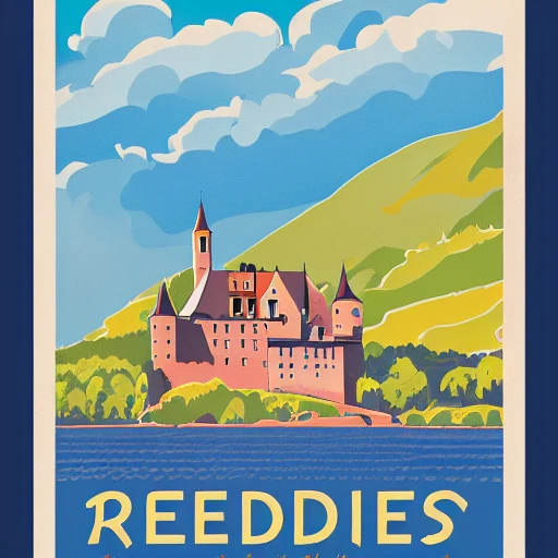 Vintage Travel Poster, (Friedberg Bavaria) landscape, the castle in the background in the style of Atey Ghailan and Joelle Jones, --ar 2:3