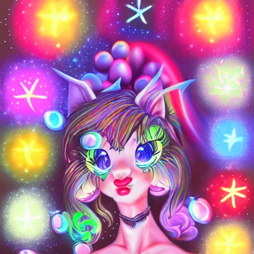 Hyperealistic videogame goddess, Furry, clown neopet GODDESS, elf goddess, airbrush illustration, ethereal, stars and half moons, colorful led lights, neons and pastels, gemstones