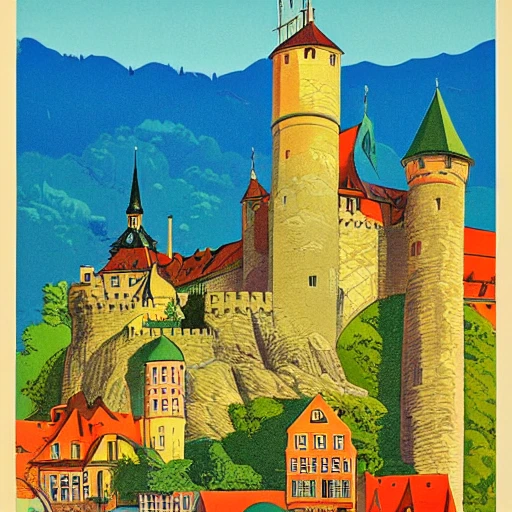 Vintage Travel Poster, (Friedberg Bavaria) landscape, the castle in the background by Jean Giraud Mœbius