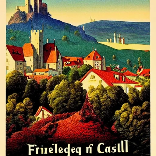 Vintage Travel Poster, (Friedberg Bavaria) landscape, the castle ...