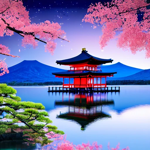 Illustration of Japanese temple at the edge of a calm lake at night, full and glowing moon, warm moon light across the water and the surrounding landscape, full bloomed bushes around the shrine and delicate pink flowers, Shinto shrine is made of sleek, modern materials, with clean lines and a minimalist design, neon and cyberpunk style environment, bright, glowing colors and sharp, angular shapes, lake illuminated by colorful neon lights, in a vibrant, futuristic atmosphere, hyper realistic, futuristic setting, highly detailed, vibrant ink tinted colors, light pink clouds, calm and serenity, beautiful environment, epic scene, fantastical, photography, cinematic, Unreal Engine, hyper-detailed, beautiful lighting, global illumination, elegant, post-production, post-processing color-coded UHD, 8K --ar 3:2 --q 2 --upbeta --v 4