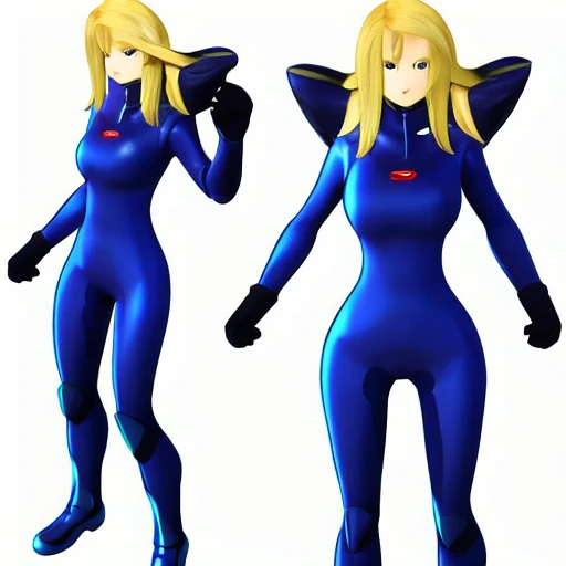 beautiful young woman, blonde wavy hair, zero suit samus, 3D