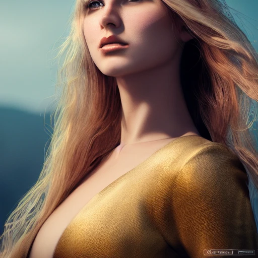 sexy Swedish woman, beautiful face, long golden hair, smooth skin, very detailed, 8k, hyperrealistic, perfect composition, soft cinematic lighting, background blur, octane render,