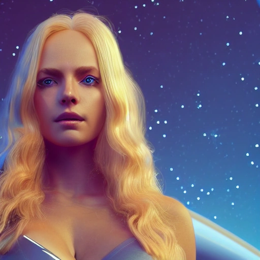 photo of a beautiful Swedish woman, standing by a spaceship,  very detailed face, blue eyes, long golden blonde hair, huge breasts, smooth skin, very detailed, 8k, hyperrealistic, perfect composition, soft cinematic lighting, octane render, 3D