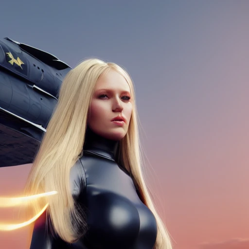 beautiful Swedish woman, standing by a starfighter,  diaphanous black clothing, very detailed face, blue eyes, long golden blonde hair, huge breasts, smooth skin, very detailed, 8k, hyperrealistic, perfect composition, soft cinematic lighting, octane render, 3D