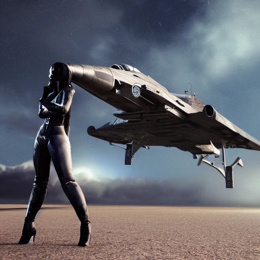 photo of a beautiful Swedish woman, standing by a battle-scarred starfighter,  diaphanous black clothing, very detailed face, blue eyes, long golden blonde hair, huge breasts, smooth skin, very detailed, 8k, hyperrealistic, perfect composition, soft cinematic lighting, octane render,, 3D