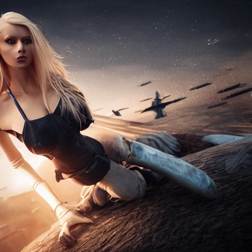 photo of a beautiful Swedish woman, standing by a battle-scarred starfighter, see-through black clothing, very detailed face, blue eyes, long golden blonde hair, huge breasts, smooth skin, very detailed, 8k, hyperrealistic, perfect composition, soft cinematic lighting, octane render, 3D, Cartoon