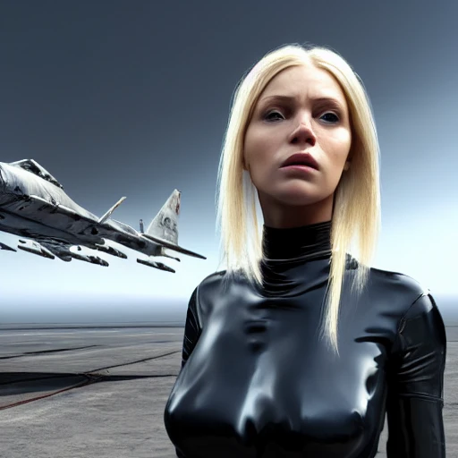 beautiful Swedish woman, wearing see-through black clothing, standing by a battle-scarred starfighter, very detailed face, blue eyes, long golden blonde hair, huge breasts, smooth skin, very detailed, 8k, hyperrealistic, perfect composition, soft cinematic lighting, octane render, 3D, Cartoon