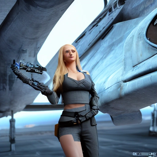 beautiful Swedish woman, standing by a battle-scarred starfighter, very detailed face, blue eyes, long golden blonde hair, huge breasts, smooth skin, very detailed, 8k, hyperrealistic, perfect composition, soft cinematic lighting, octane render, 3D, 