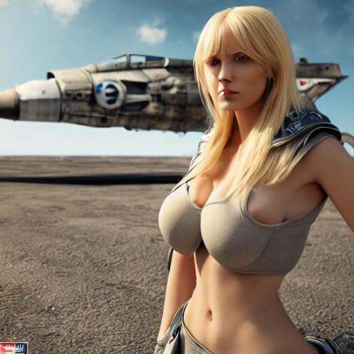 beautiful Swedish woman, standing by a battle-scarred starfighter, very detailed face, blue eyes, long golden blonde hair, huge breasts, smooth skin, very detailed, 8k, hyperrealistic, perfect composition, soft cinematic lighting, octane render, 