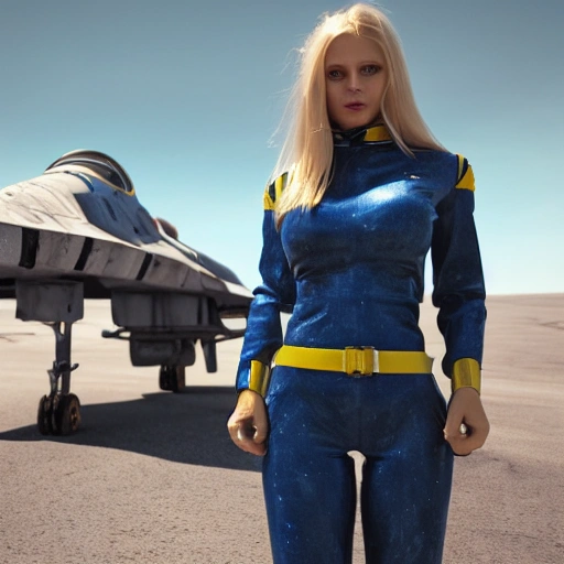 beautiful Swedish woman, standing by a battle-scarred starfighter, very detailed beautiful face, blue eyes, long golden blonde hair, huge breasts, smooth skin, very detailed, 8k, hyperrealistic, perfect composition, soft cinematic lighting, octane render, 