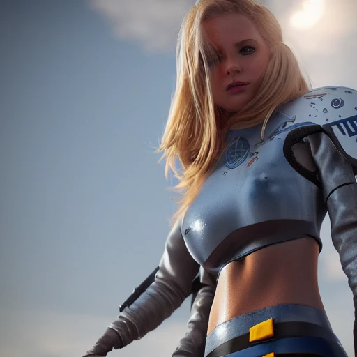 gorgeous Swedish woman, standing by a battle-scarred starfighter, very beautiful face, very detailed face, blue eyes, long golden blonde hair, huge breasts, smooth skin, very detailed, 8k, hyperrealistic, perfect composition, soft cinematic lighting, octane render, , 3D