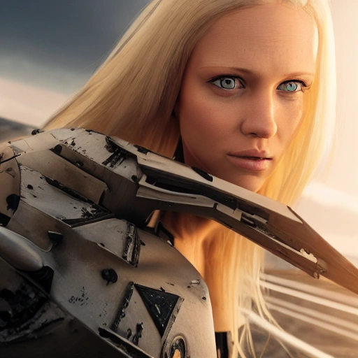 gorgeous Swedish woman, standing by a battle-scarred starfighter, very beautiful face, very detailed face, blue eyes, long golden blonde hair, huge breasts, smooth skin, pale skin very detailed, 8k, hyperrealistic, perfect composition, soft cinematic lighting, octane render, 3D, Cartoon