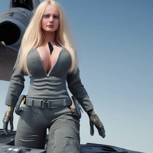 gorgeous Swedish woman, standing by a battle-scarred starfighter, very detailed, very beautiful face, very detailed face, blue eyes, long golden blonde hair, huge breasts, smooth skin, pale skin, 8k, hyperrealistic, perfect composition, soft cinematic lighting, octane render, 