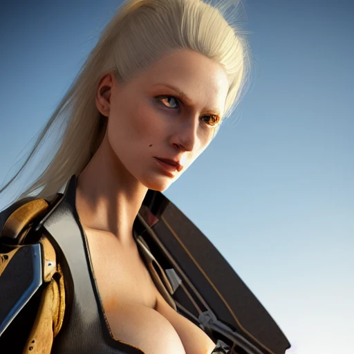 photo of a beautiful Swedish woman, standing by a battle-scarred starfighter, very detailed, very beautiful face, very detailed face, blue eyes, long golden blonde hair, huge breasts, smooth skin, pale skin, 8k, hyperrealistic, perfect composition, soft cinematic lighting, octane render, 