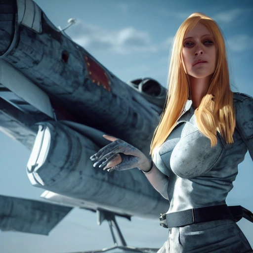 photo of a beautiful Swedish woman, standing by a battle-scarred starfighter, very detailed, very beautiful face, very detailed face, blue eyes, long golden blonde hair, huge breasts, smooth skin, pale skin, 8k, hyperrealistic, perfect composition, soft cinematic lighting, octane render, , 3D