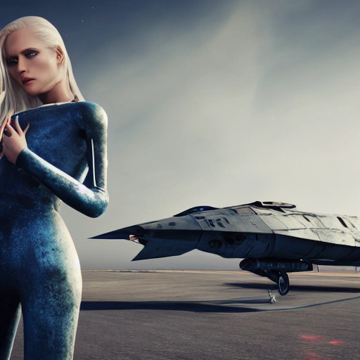 photo of an extremely beautiful Swedish woman, standing by a battle-scarred starfighter, very detailed, very beautiful face, very detailed face, blue eyes, long golden blonde hair, huge breasts, pale smooth skin, 8k, hyperrealistic, perfect composition, soft cinematic lighting, octane render, , 3D, Cartoon